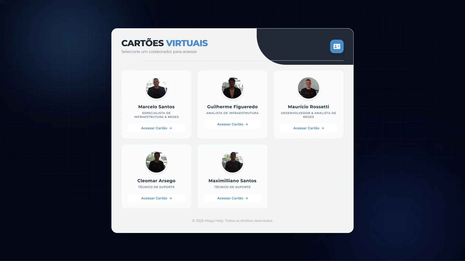 Tela inicial do sistema de Cartão Virtual corporativo — Mega Help