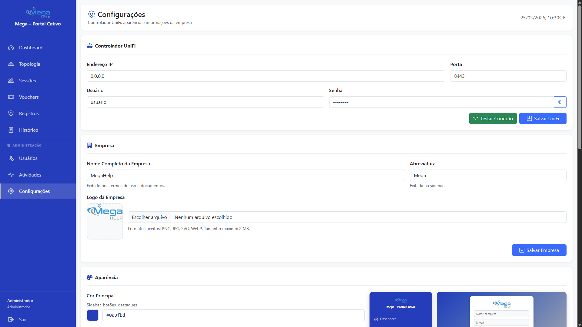 Painel de configurações do Portal Cativo WiFi